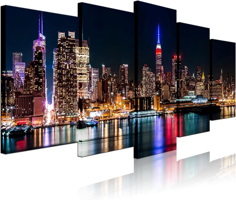 - New York City Canvas Wall Art Manhattan Skyline at Night Picture Prints Modern Home Office Wall Decoration Stretched Ready to Hang