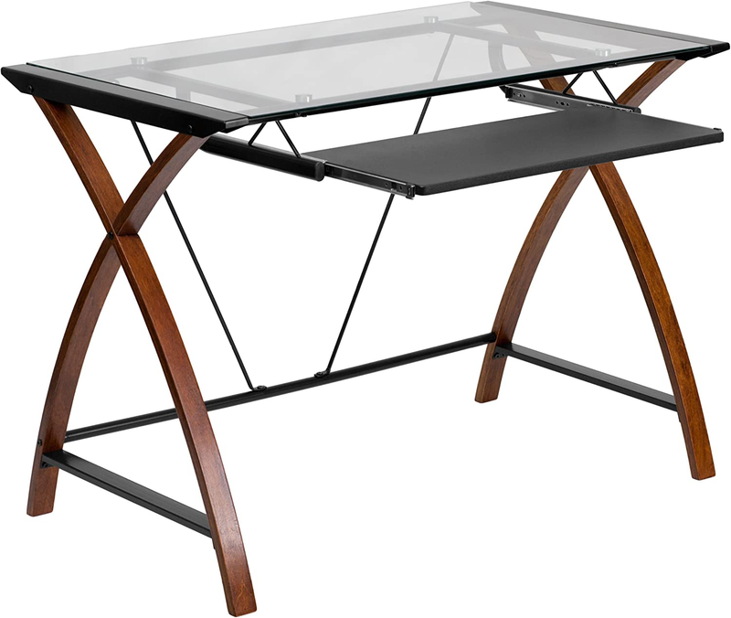 Jude Glass Computer Desk with Pull-Out Keyboard Tray and Crisscross Frame, Clear