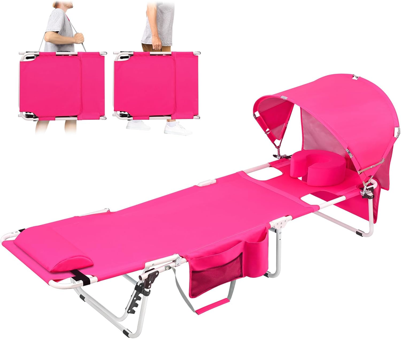 Tanning Chair with Sun Canopy Face Hole Softer Padded Adjustable Washable, Heavy Duty Layout Folding Lounge Chair for Adults outside Beach Reading Sunbathing Poolside, UPF 50+ Sun Shade, Pink, 300 LBS