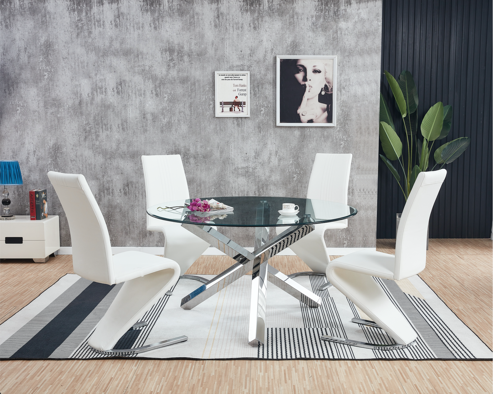 vogue large round chrome clear glass 4 6 seater dining table and leather  chairs