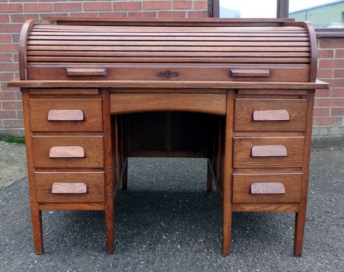 Edwardian Antique Arts Crafts Solid Oak Rolltop Tambour Twin
