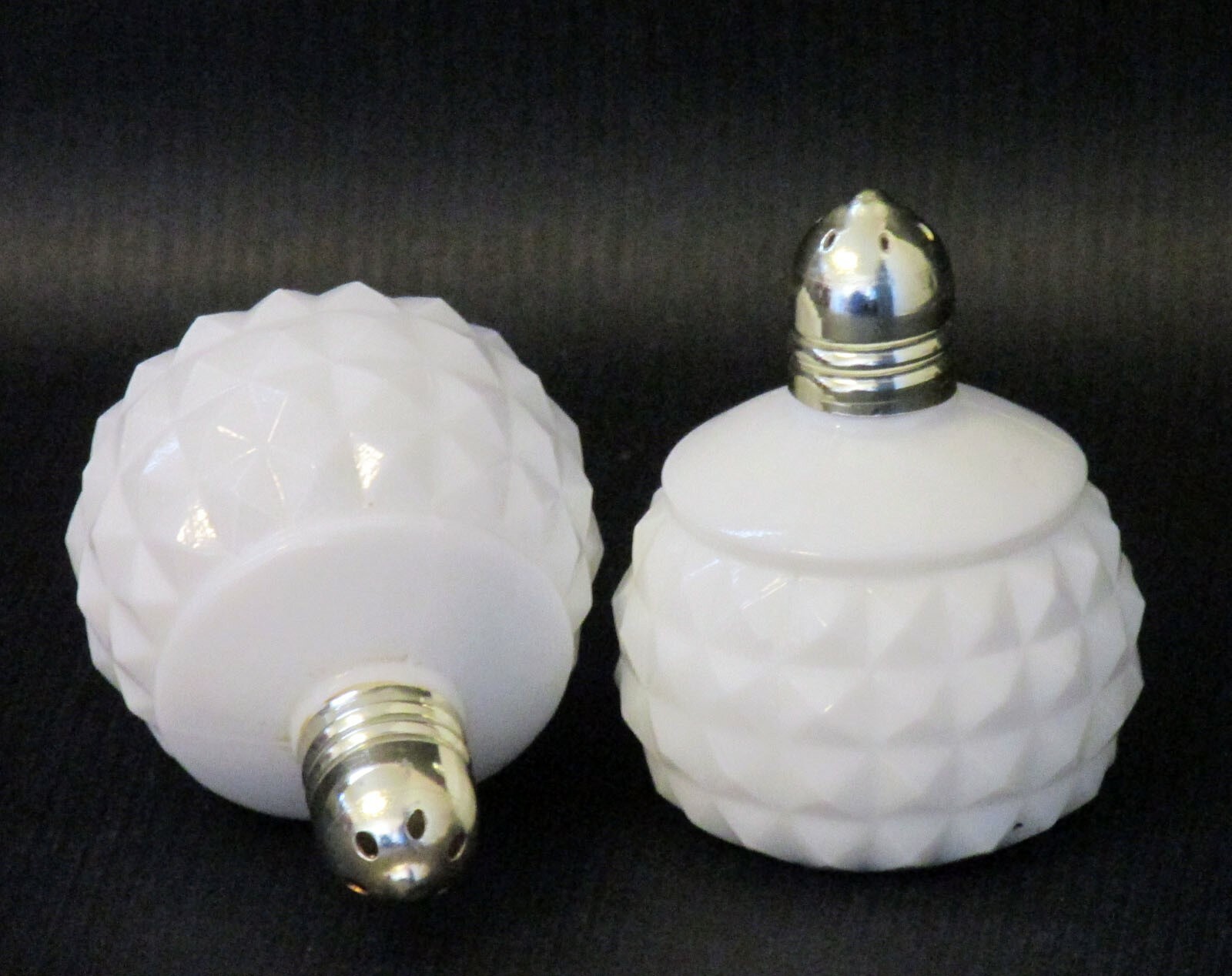 Vintage Japan Milkglass Metal Top Salt and Papper Set