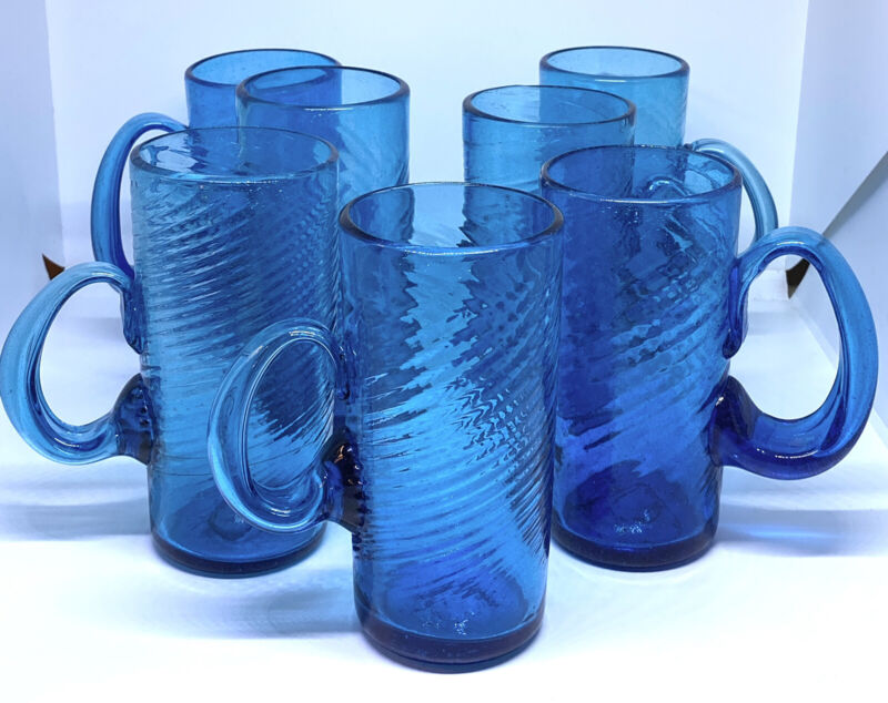 Set Of 7 Hand Blown Art Glass Tall Mugs Glasses Swirl Design Handle Aqua Blue 6”