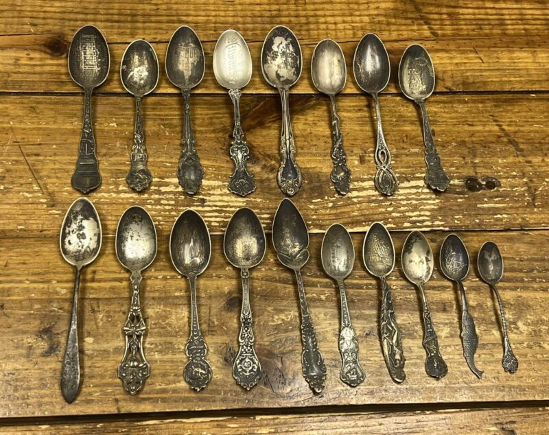 (18) Antique Sterling Silver Souvenir Spoons ~ Mostly States