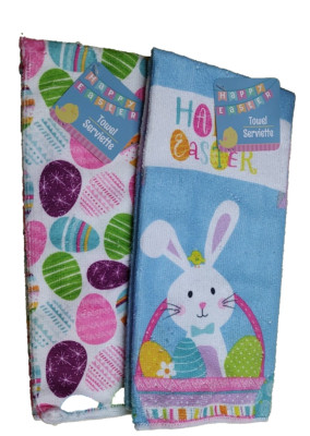 2pk Easter Kitchen Towel Set Spring White Bunny Easter Eggs Microfiber #CAP