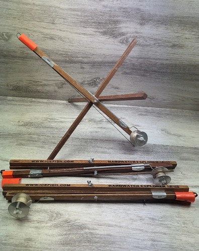 3pk Vintage Hardwarter Explorer Ice Fishing Tip Ups Tilts Wooden Metal Spools