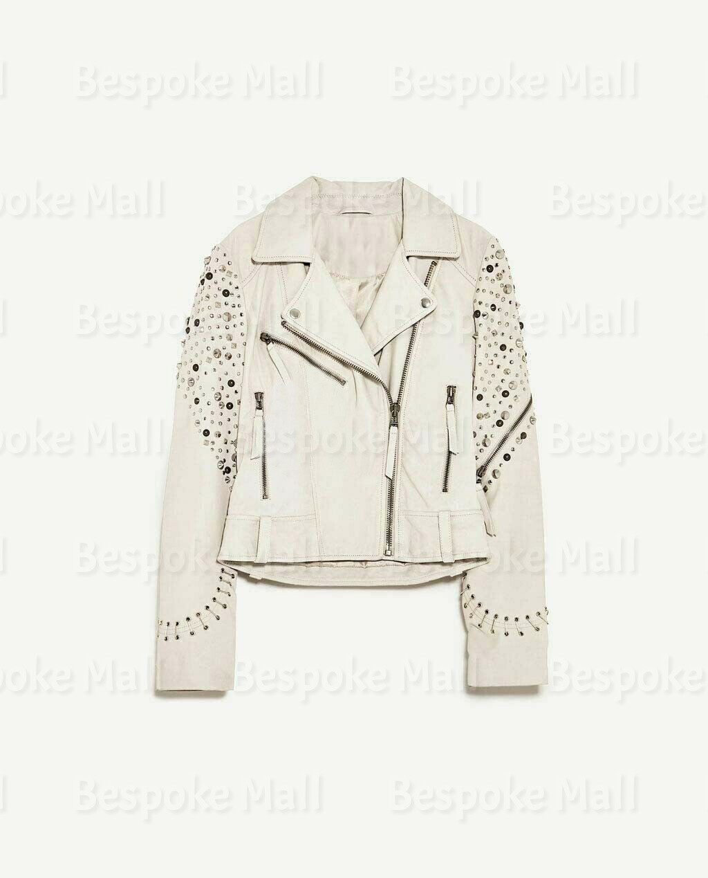 Pre-owned Handmade Woman Haif White Silver Studded Punk Unique Cowhide Biker Leather Jacket-924