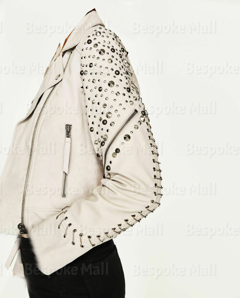 Pre-owned Handmade Woman Haif White Silver Studded Punk Unique Cowhide Biker Leather Jacket-924