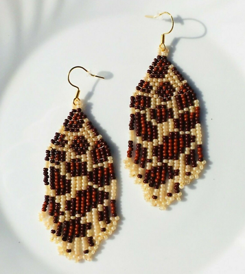 Leopard beaded earrings Cheetah seed bead earrings Safari brown
