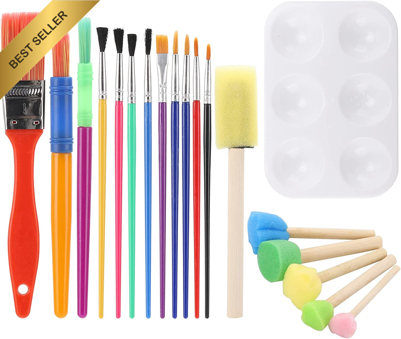 19 Pcs Kids Paint Brush Set with Plastic Paint Pallete - All-Purpose Paint Brush