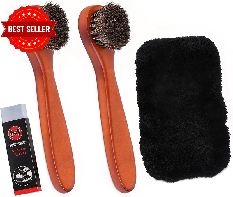 2 Pcs Shoe Brushes with Plush Polishing Glove and Eraser, Horse Hair Brush with 
