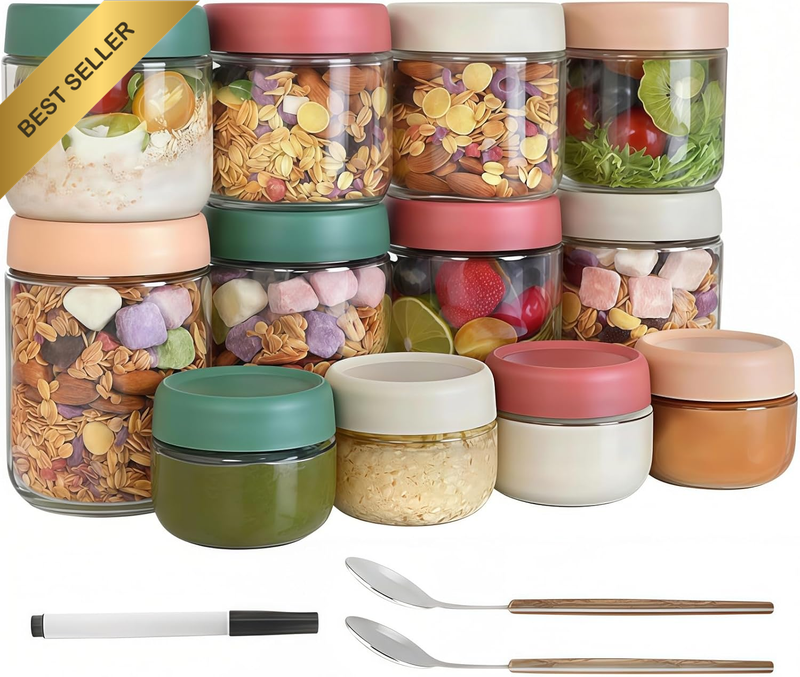 Overnight Oats Containers with Lids 12PC, Glass Food Storage Jars Set, Airtight 