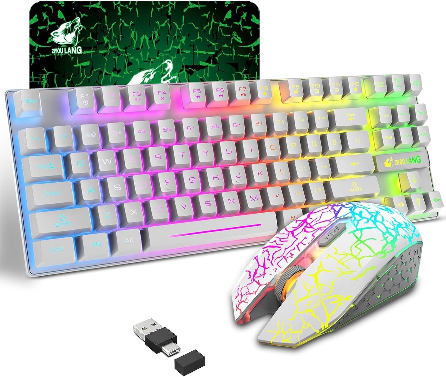 ZIYOU LANG T87 Wireless Gaming Keyboard and Mouse Combo with 87 Key Rainbow LED