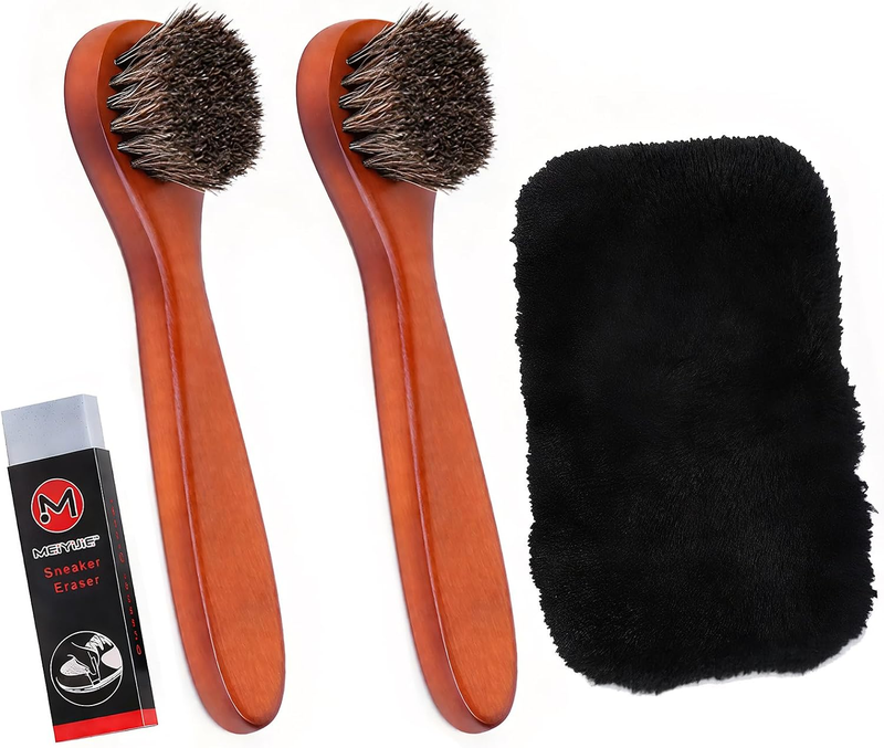 2 Pcs Shoe Brushes with Plush Polishing Glove and Eraser, Horse Hair Brush with