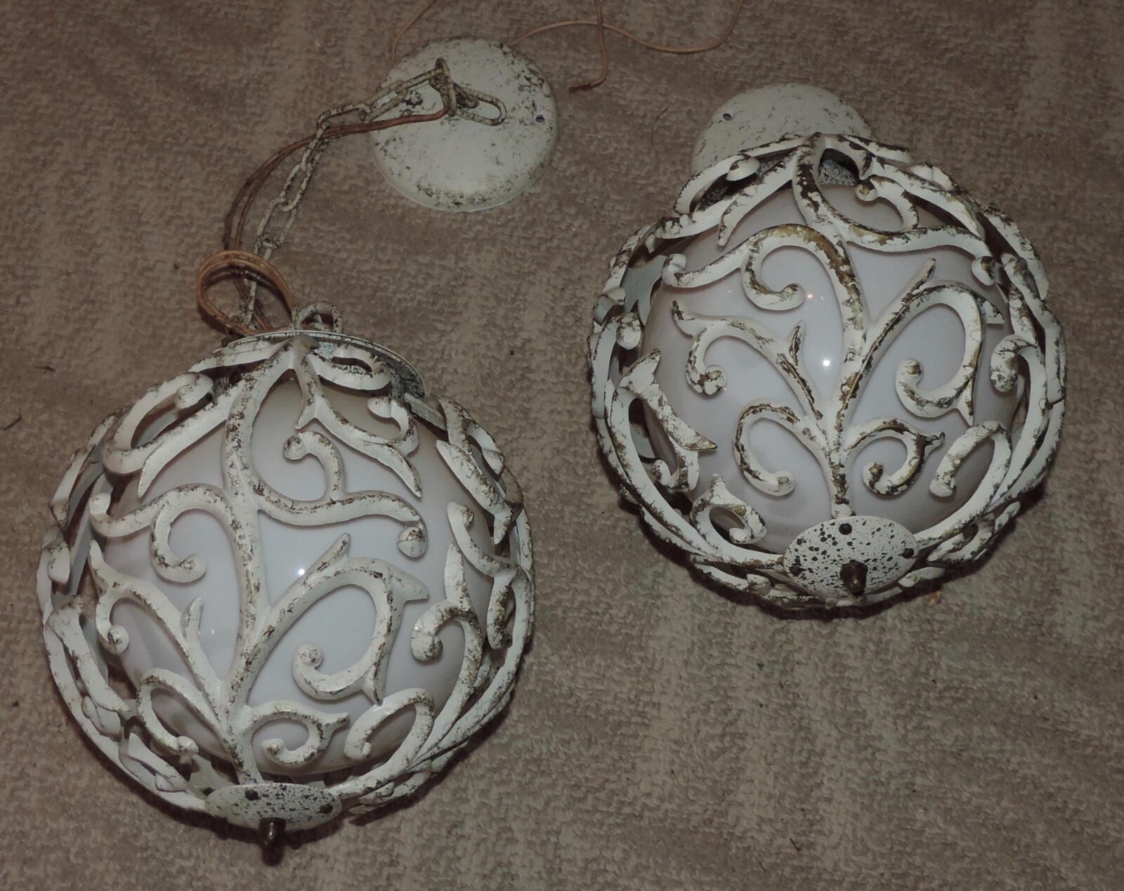 2 Vintage Metal Scroll Pedant Globe Light Fixtures Retro MCM Hollywood Regency