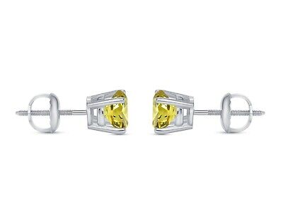Pre-owned Shine Brite With A Diamond 1 Ct Round Cut Canary Earrings Studs Solid Real 950 Platinum Screw Back Basket In White