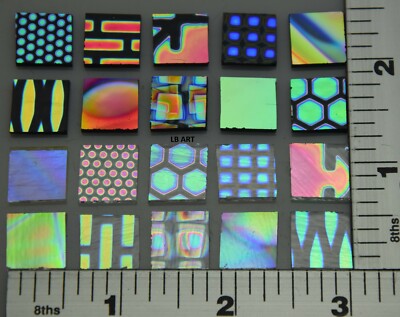 20 PCS BLK & CLR COATINGS BY SANDBERG DICHROIC PATTERN GLASS 1/2" x 1/2" 90 COE