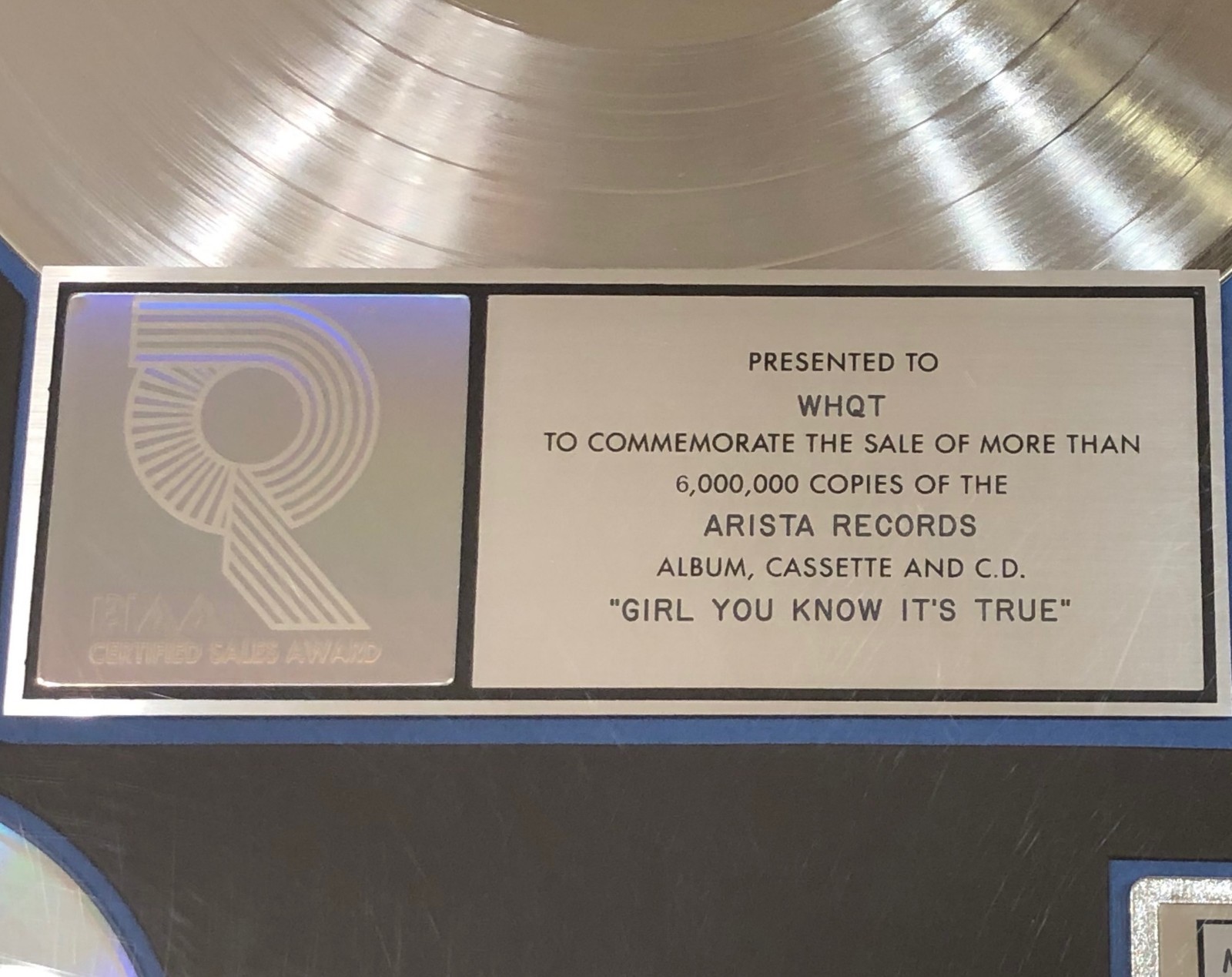 MILLI VANILLI RIAA Certified 6x Platinum Sales Award for Girl You Know It's True