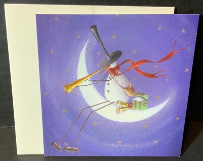 VTG d art noel Christmas Card UNUSED Reuben McHugh Moon Gazing Snowman Telescope