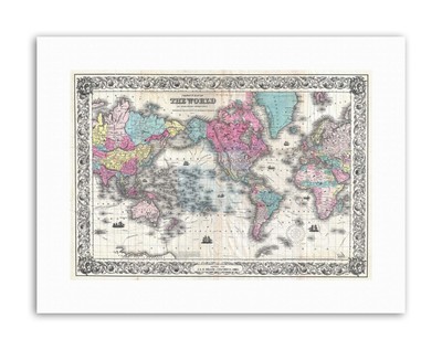 1852 Coltons Map The World On Mercators Projectio Vintage Canvas Art Print
