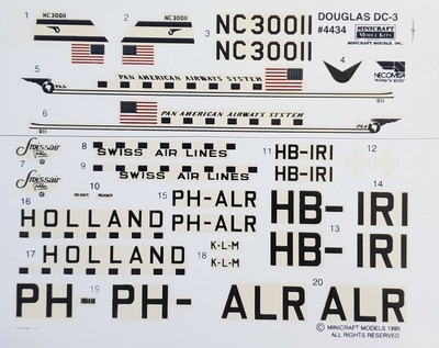 1/144 MINICRAFT DECAL SWISSAIR KLM PAN AM AIRLINES DOUGLAS DC-3 14434 1