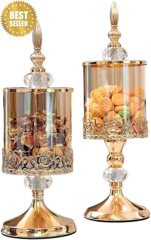 2 Pcs Gold Crystal Candy Jars, Snack Storage Jars, Elegant Glass Canisters, Deco