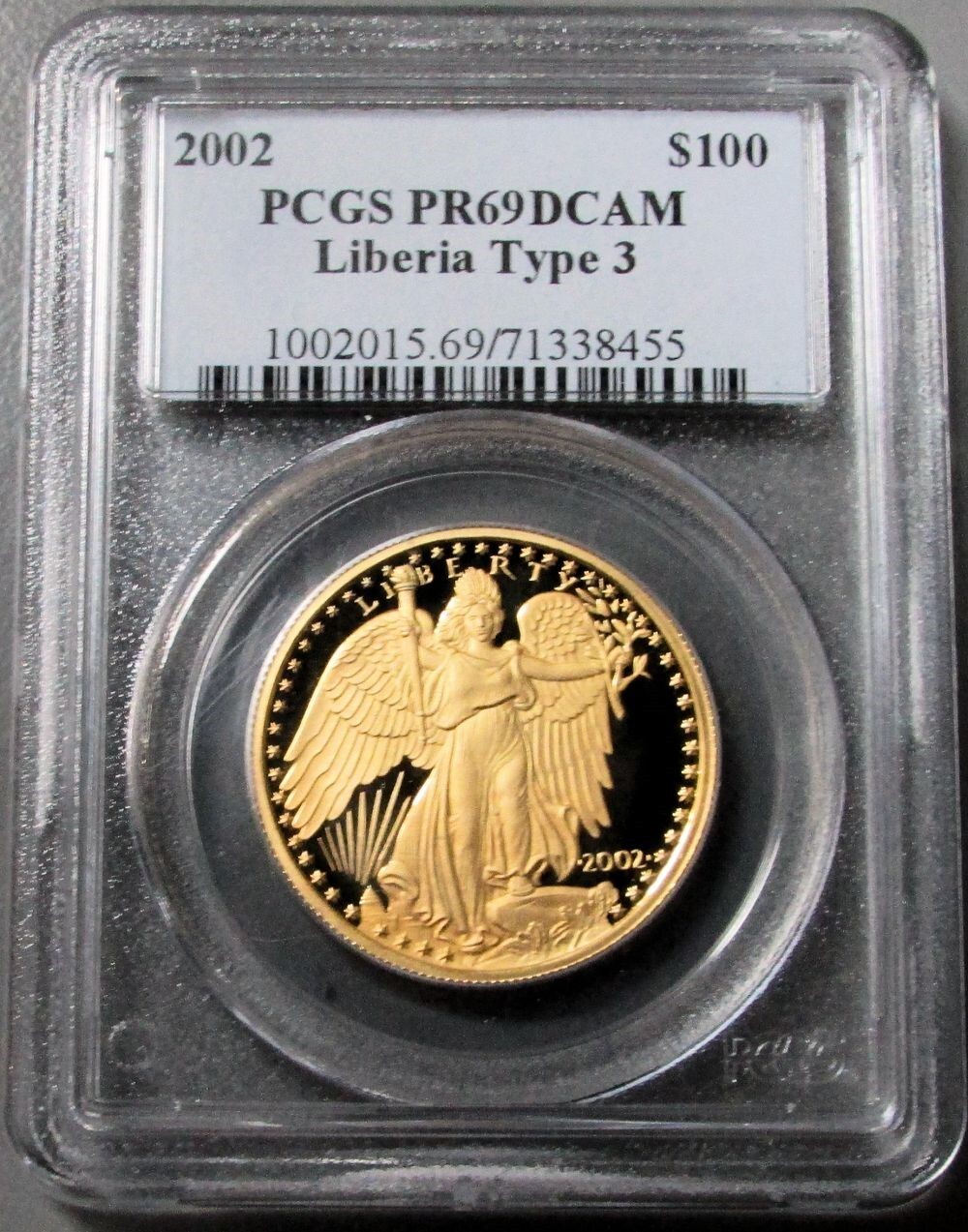 2002 GOLD LIBERIA 250 MINTED $100 GAUDENS WINGED LIBERTY PCGS