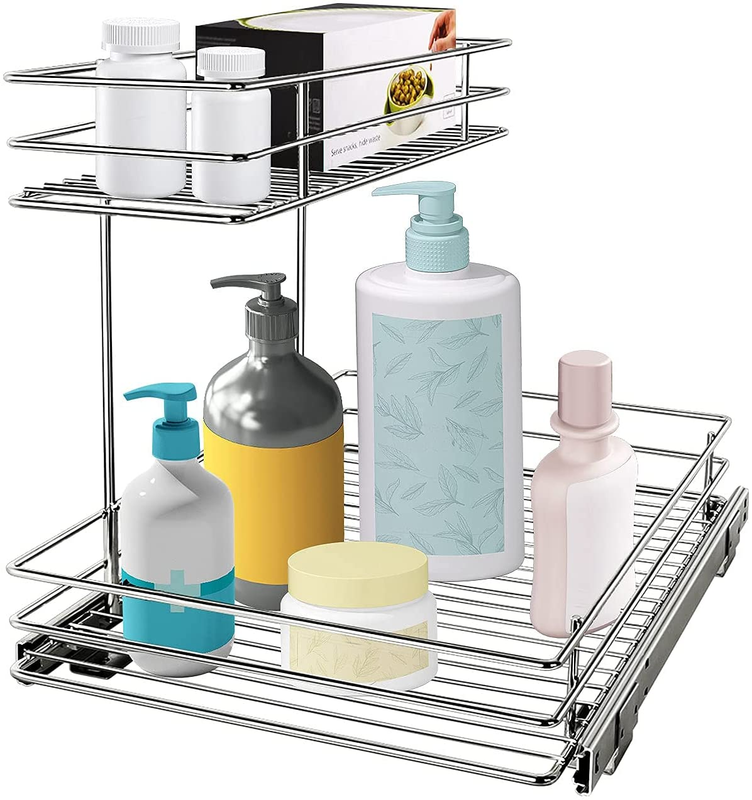 Under Sink Slide Out Storage Shelf With 2 Tier Sliding Wire Drawer Adjustable
