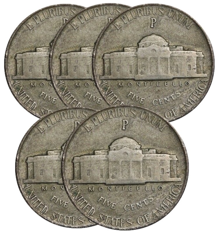 LOT OF 5) 1942-1945 Wartime 35% WWII Jefferson War Silver Nickel