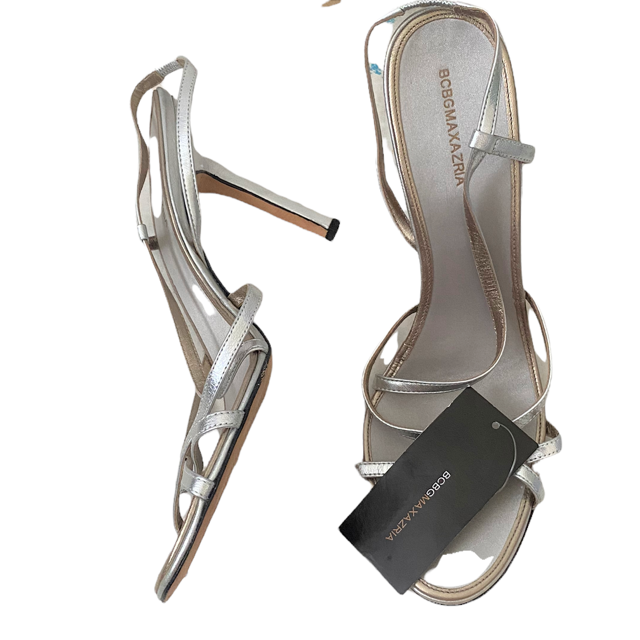 BCBG Max Azria Womens Sandals Heels Size 10B Silver Strap Open Toe New w Tag