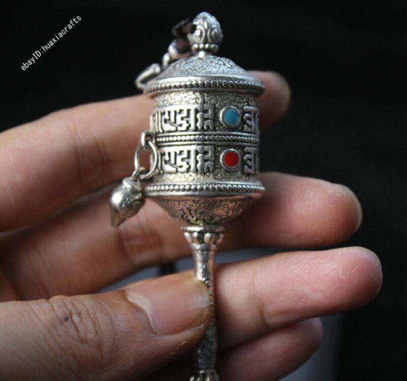 Old Chinese Silver Dynasty Palace Feng Shui Faqi Prayer Wheel Pendant key ring