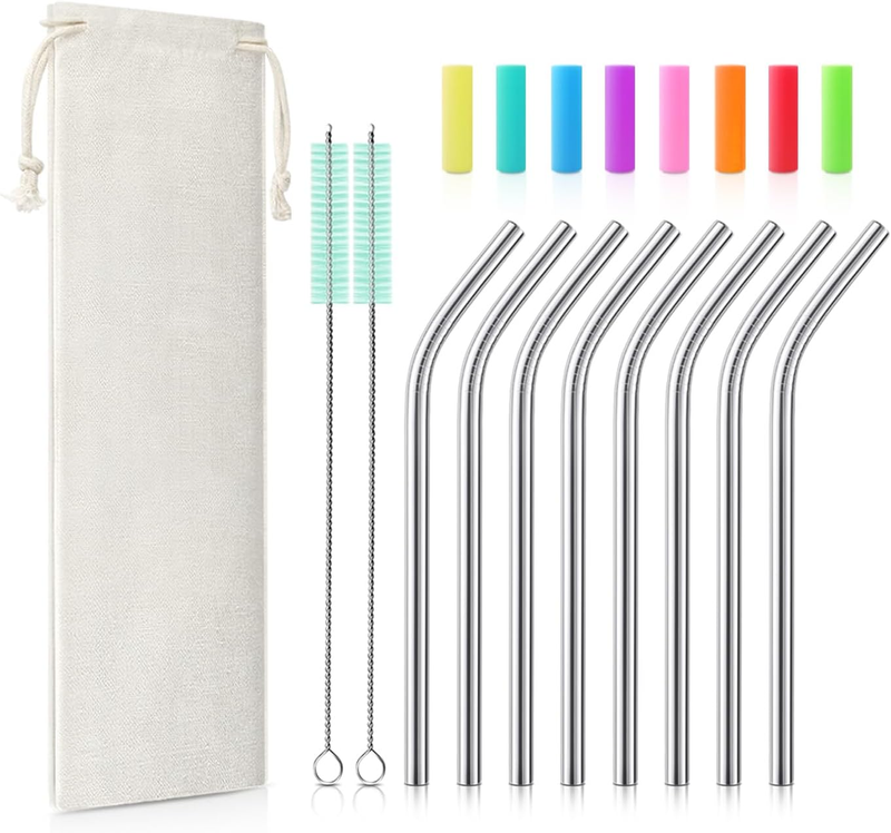 8 Pack Short Stainless Steel Straws 6 Inch Bent Metal Reusable Straws with Silic