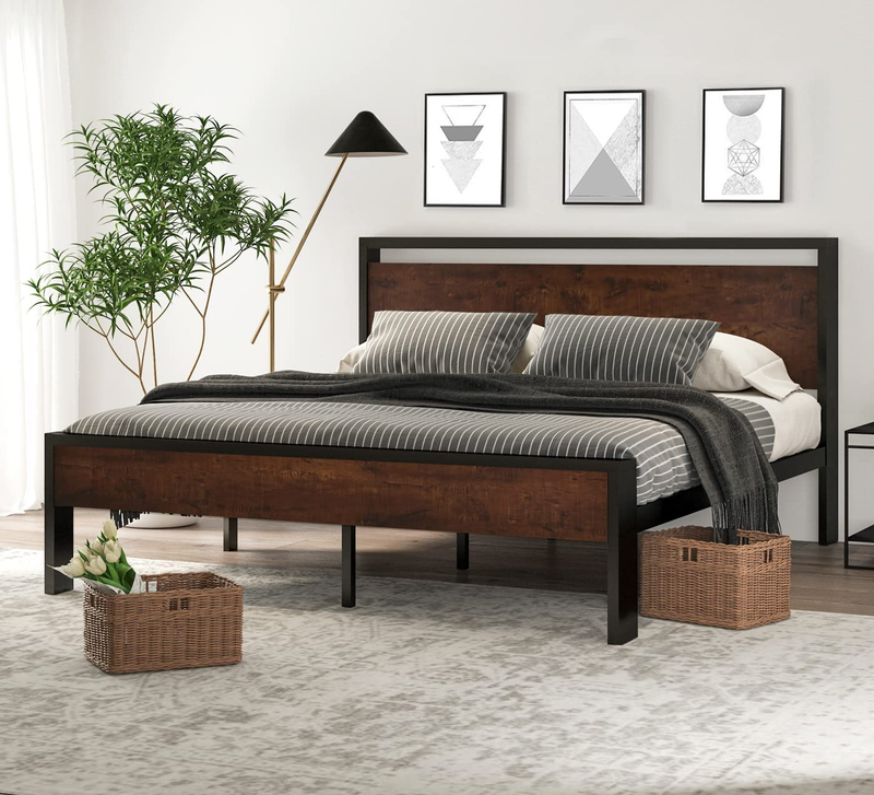 14 Inch King Size Metal Platform Bed Frame with Wooden Headboard and Footboard,