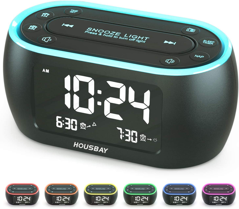 HOUSBAY Glow Small Alarm Clock Radio for Bedrooms with 7 Col