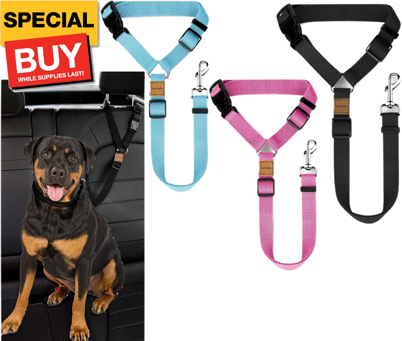 3 Pack Dog Seat Belt for Car, Car Headrest Restraint Adjustable Nylon Fabric, Dog Restraints Vehicle Seatbelts Harness