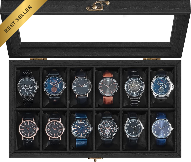12 Slot Solid Wood Watch Box Organizer with Glass Lid Ink Black