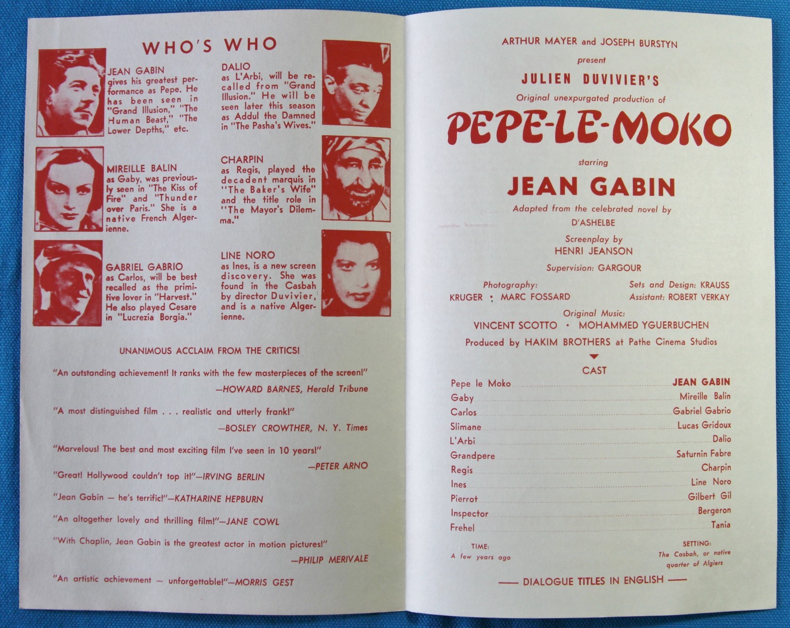 DUVIVIER'S PEPE LE MOKO PROGRAM, JEAN GABIN - BOSTON CIVIC REPERTORY THEATRE