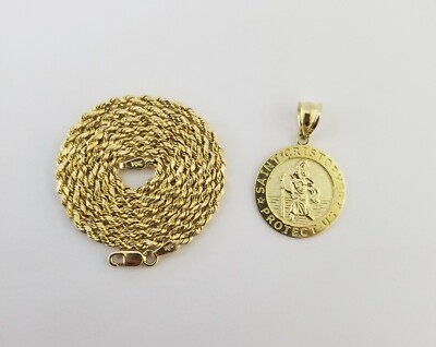 Pre-owned Globalwatches10 10kyellow Gold Round Circle Jesus Charm 18" Inch Rope Chain 2mm 10kt Gold Set