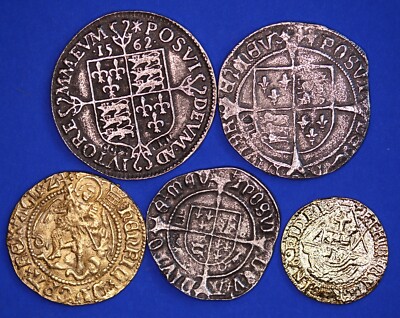 5 Tudor Coins - Henry VII Henry VIII Elizabeth I 6d 4d 2d Quarter Angel [5TUD]