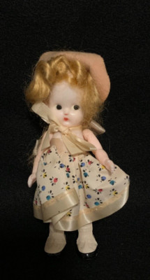 Vintage Red Haired CELLULOID Jointed Doll Flower Dress and Pink Bonnet 6.5 in