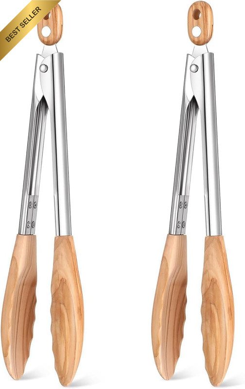 Cooking Tongs (2) Wooden Kitchen Tongs Long Handle with Non-Slip Grip,Wooden Ute