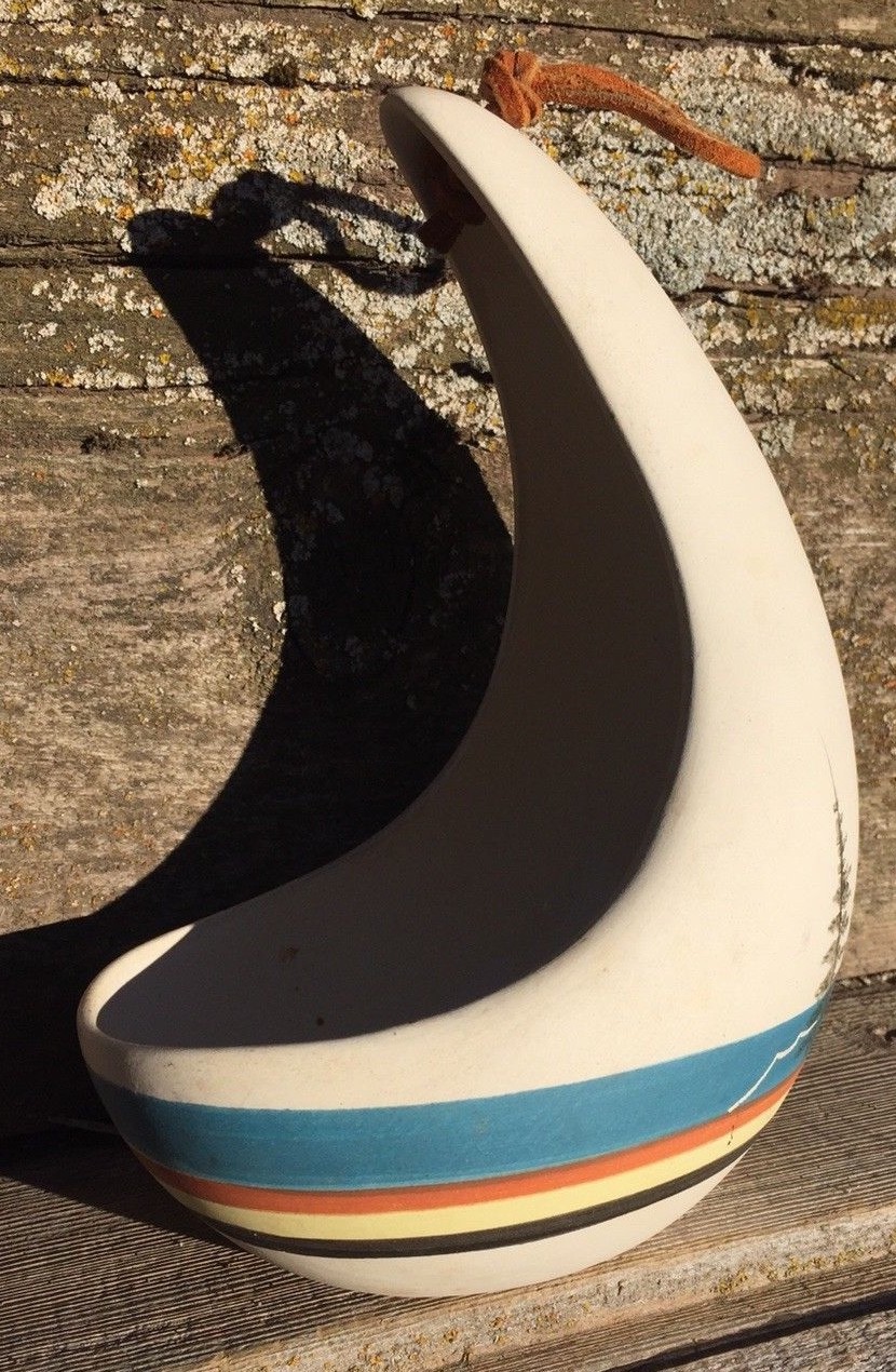 Pottery Bird Feeder, Handpainted Pacific Northwest Theme, Leather Hanger Loop