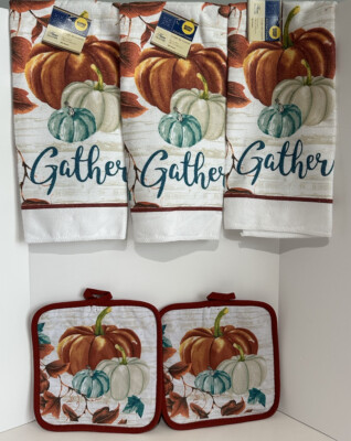 (3)Thanksgiving Themed Kitchen Decor Hand Towel  Kitchen Towels (2)Potholders