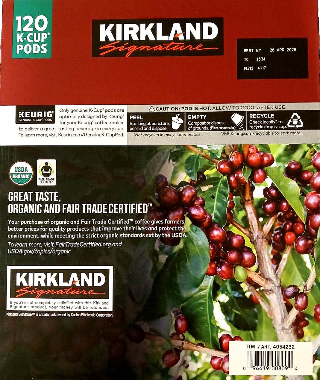 Kirkland Signature Pacific Bold Organic Dark Roast Coffee 120K-Cup Pods EXP04/26