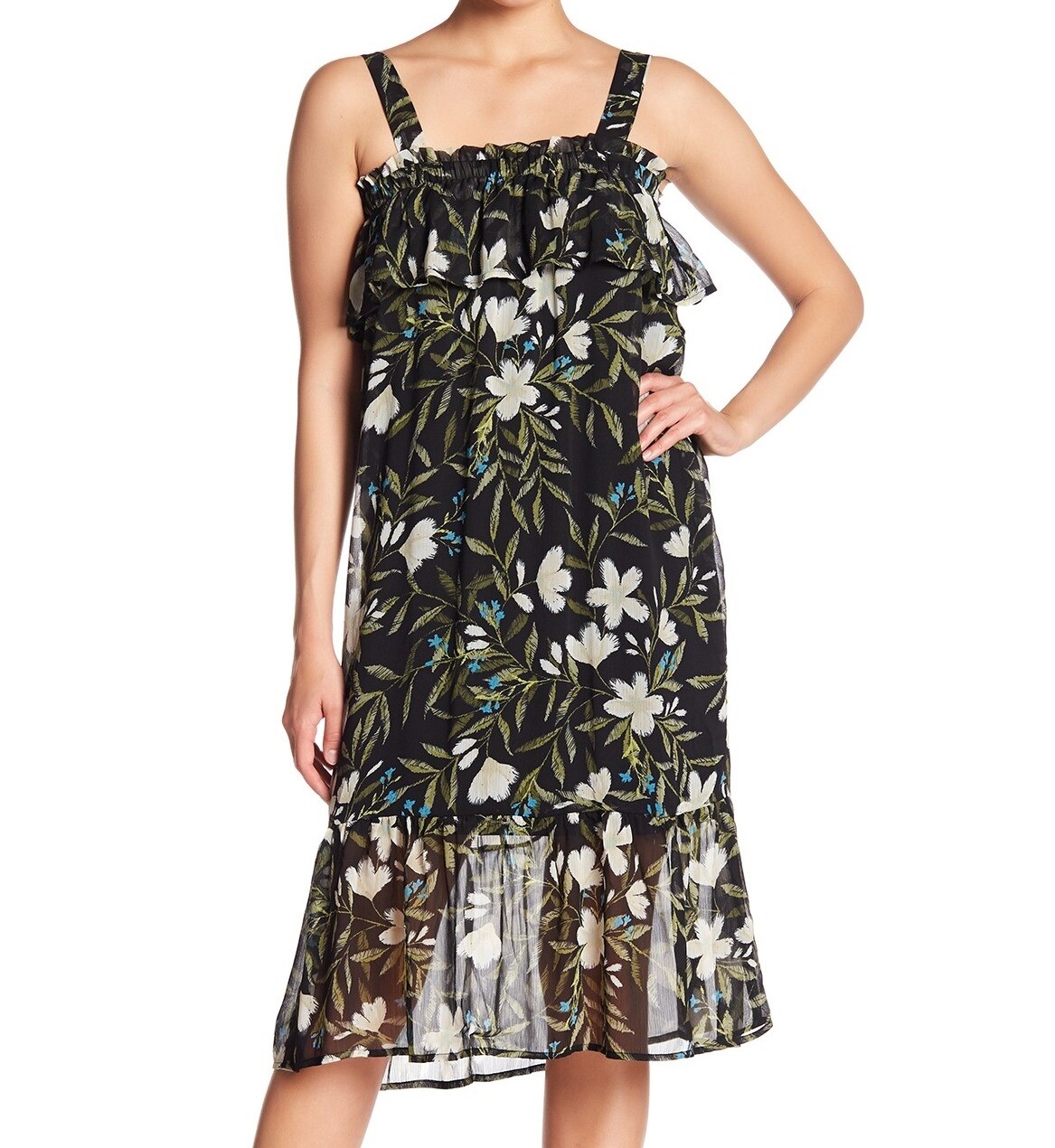 Bobeau 157255 Women's Ruffled Floral Sheath Dress Sleeveless Black Sz. Medium
