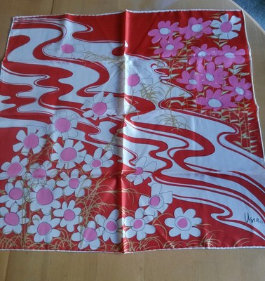 Vintage Vera Neumann Rayon Silk Scarf Pink Red White MOD Floral 26quot Square