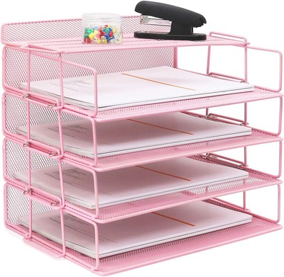 LUCYCAZ Desk Organizer - Stackable Paper Tray, 4 Tier 4 Tier, Pink-4 