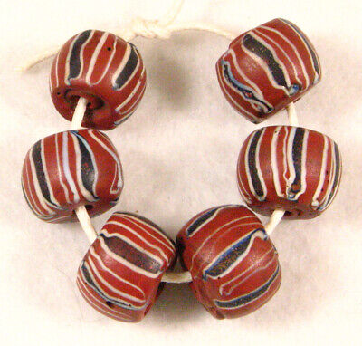 6 Old Venetian Wound Striped Brick Red Glass African Trade Beads