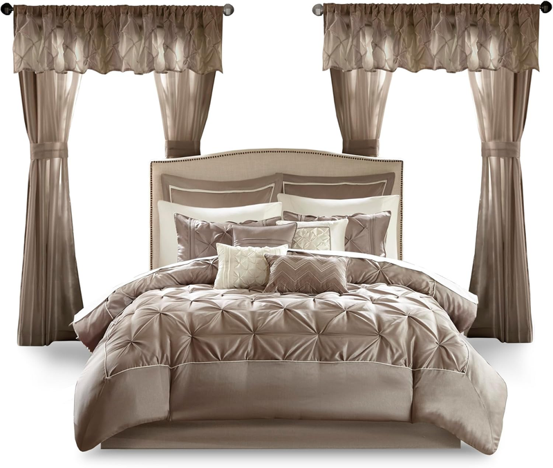 Luxe Taupe Faux Silk Comforter Set with Curtains & Pillows - King Size 24pc