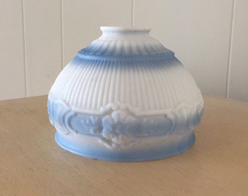 Antique/Vintage Blue & White Milk Glass Light/Lamp Shade Scalloped/Floral Design